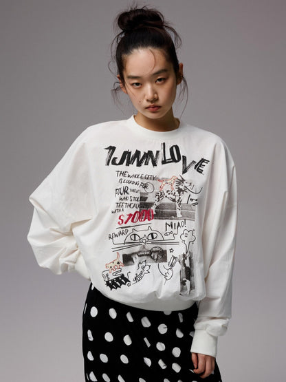 White Graffiti Cat Print Sweatshirt