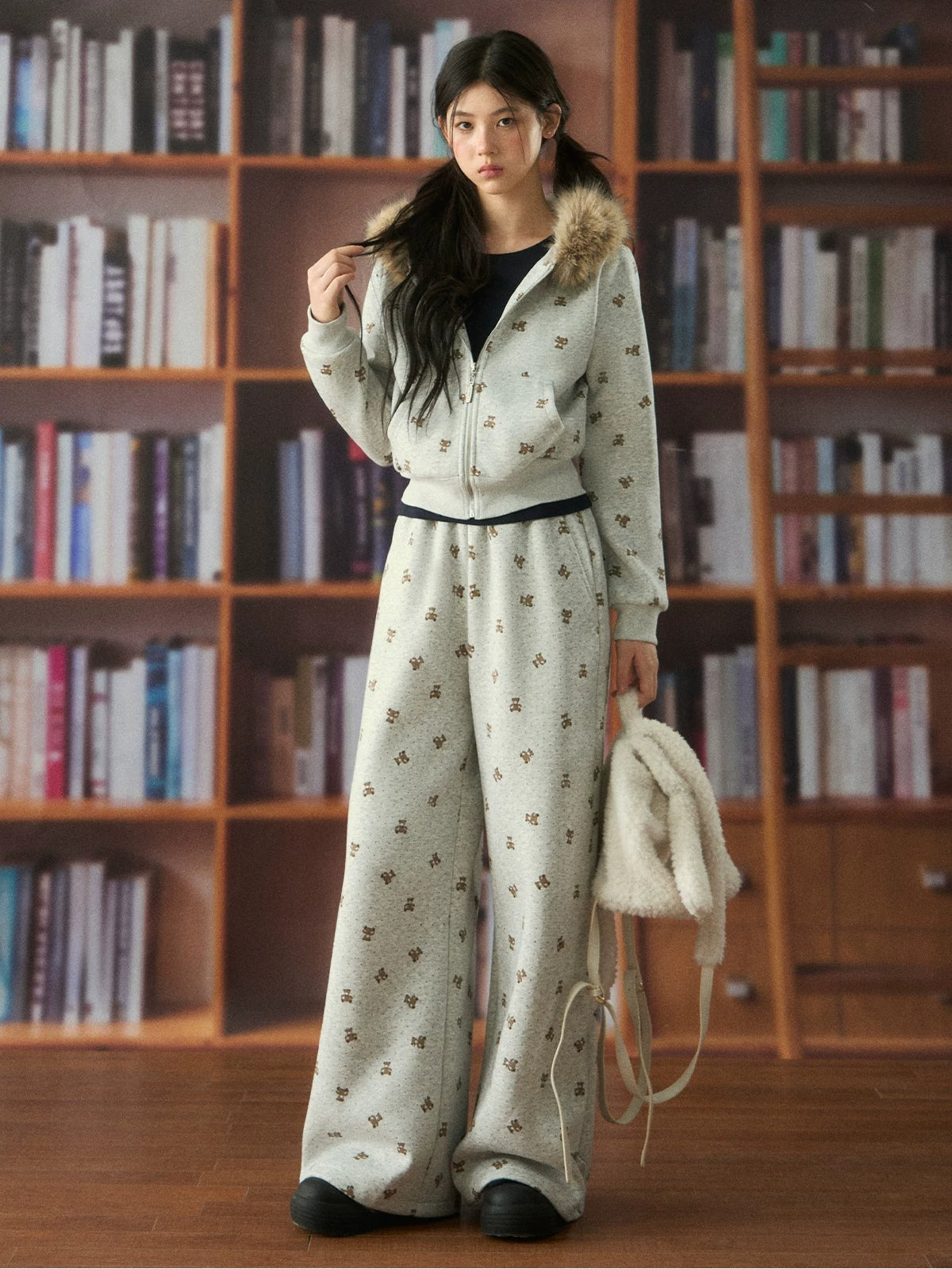 Bear Print Hooded Zip Jacket