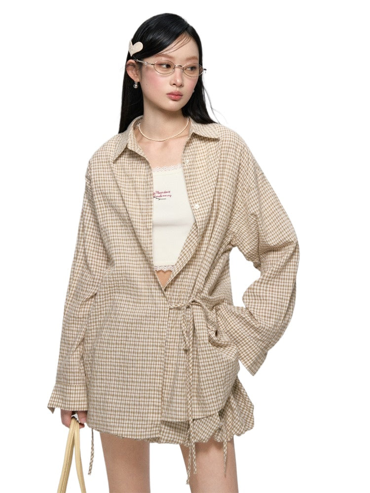 Khaki &amp; Black Retro Check Shirt &amp; Skirt Set