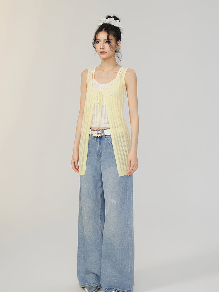 Fake Two piece Hollow-out Knitted Vest