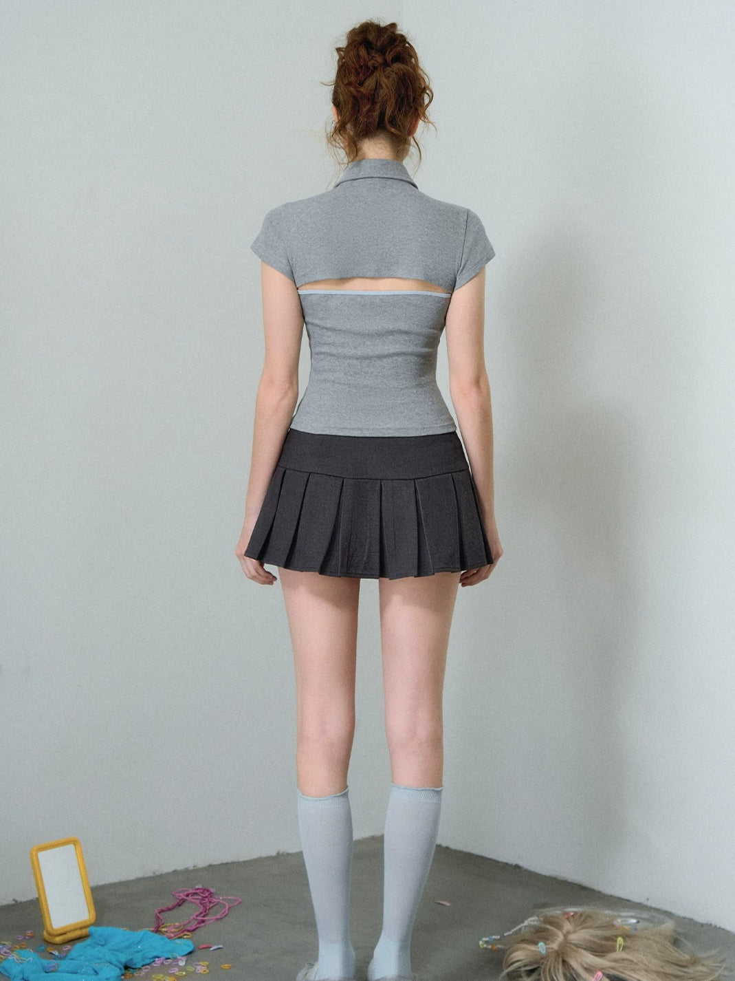 Gray Polo Knit Two-Piece Top