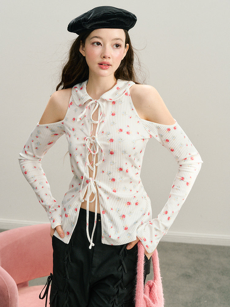 Black &amp; White Off-Shoulder Tie-Back Knit Cardigan