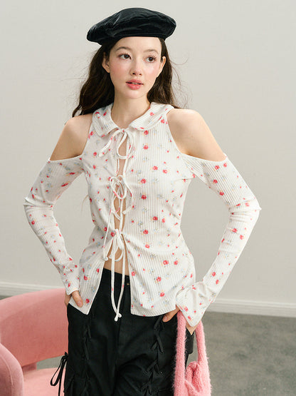 Black &amp; White Off-Shoulder Tie-Back Knit Cardigan