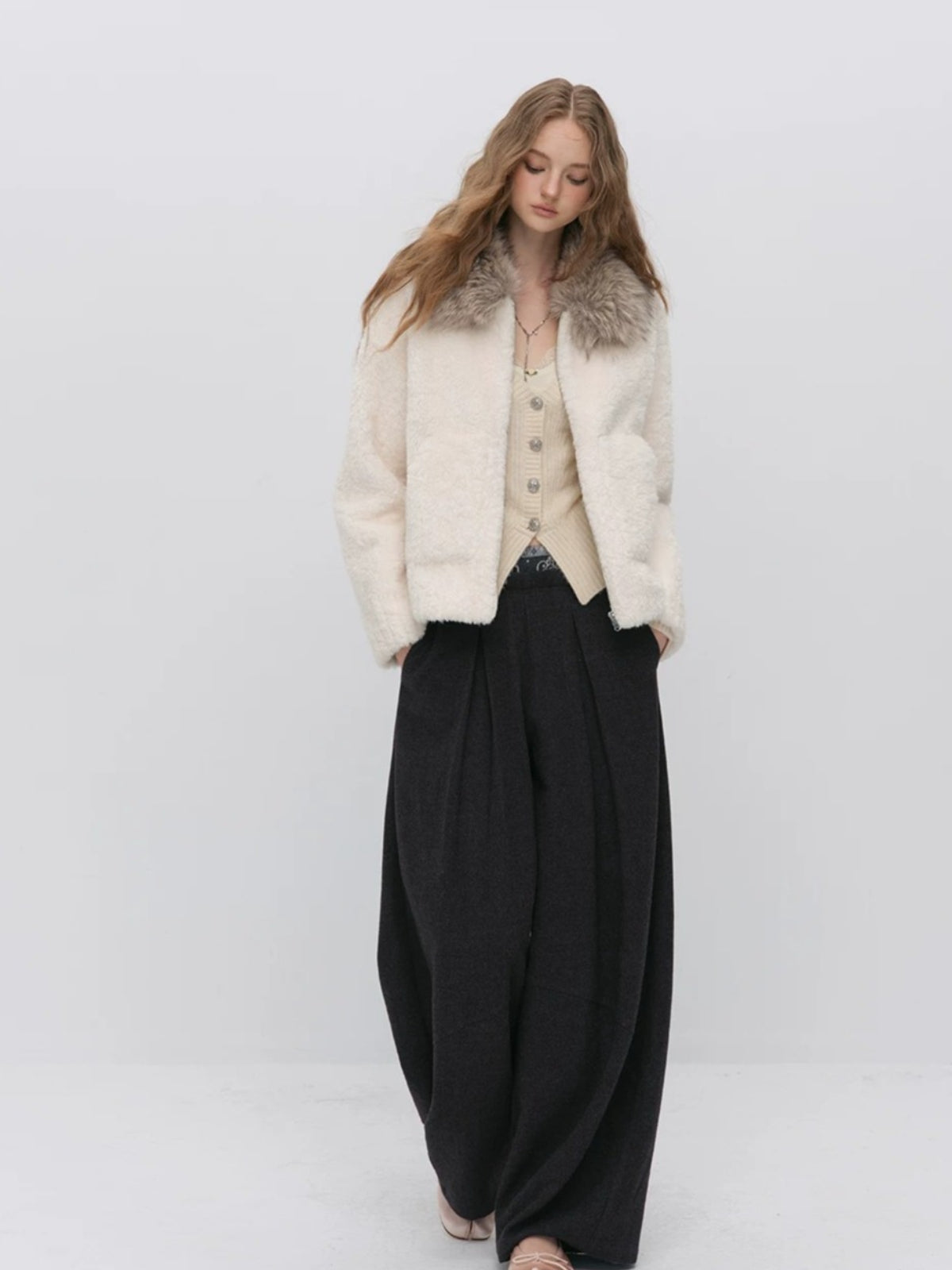 Contrast Collar Shearling Coat
