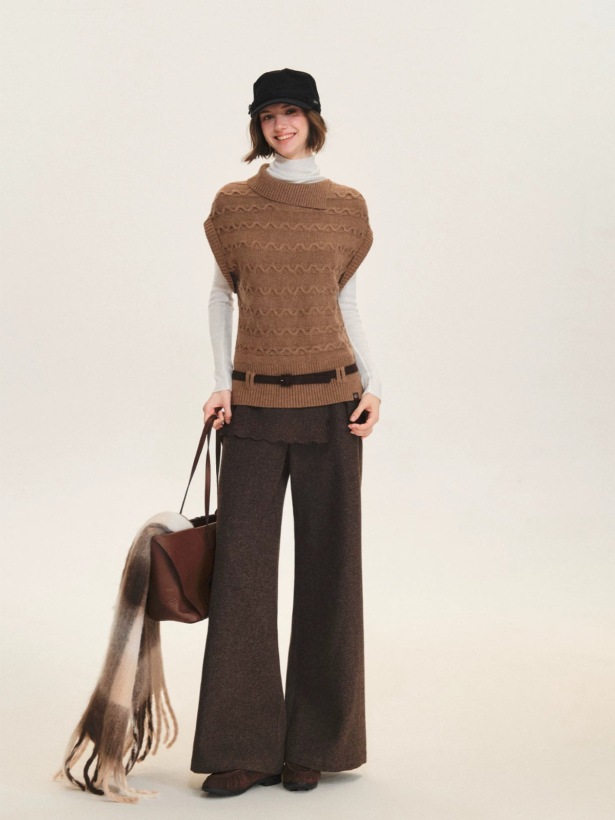 Belted Collared Wool Blend Vest