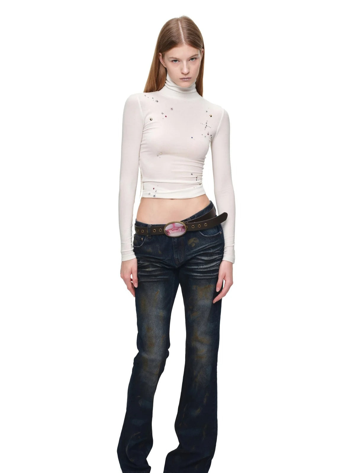 Rhinestone Lyocell Wool Turtleneck Top