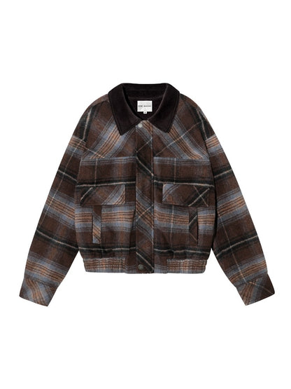 Plaid Wool-Blend Lapel Jacket