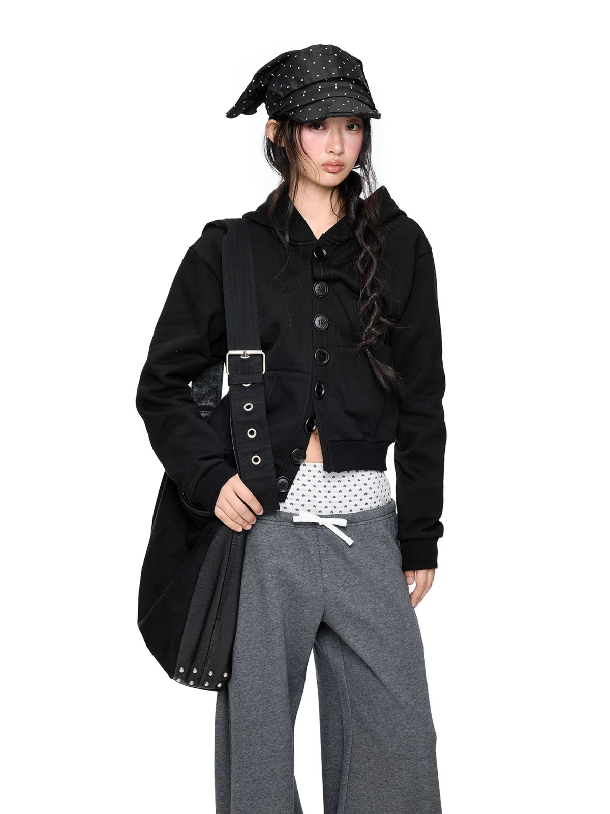 Button Embroidered Cropped Hoodie