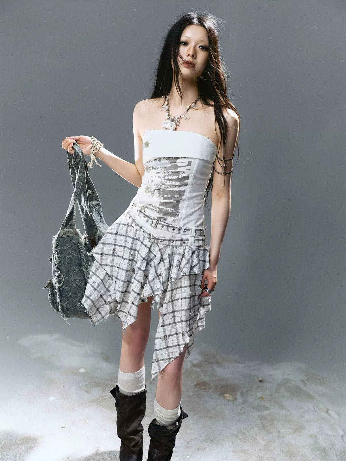 Graffiti Ruched Plaid Bustier Dress
