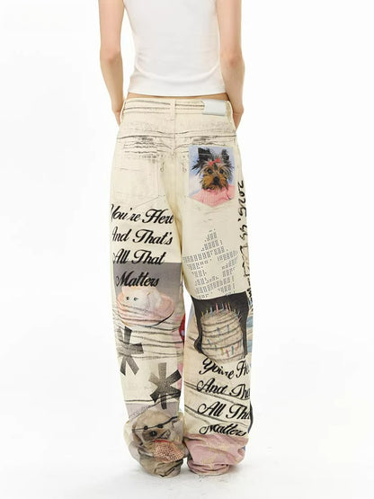 Printed Wide-Leg Denim Jeans