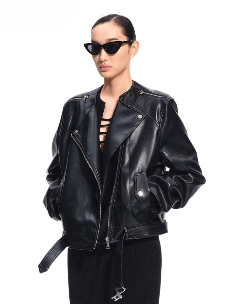 "Dejembe Series"Satin-Finish PU Leather Moto Jacket