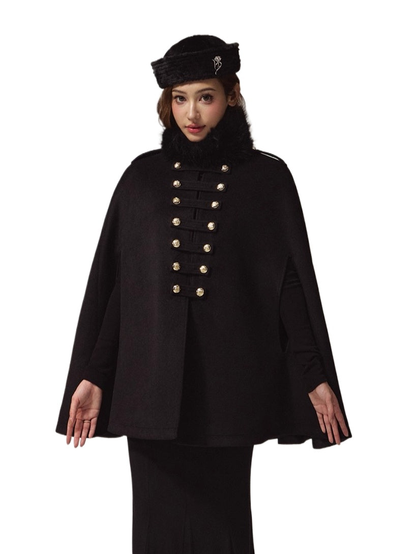 Layered Stand-Collar Double-Breasted Long Cape Coat