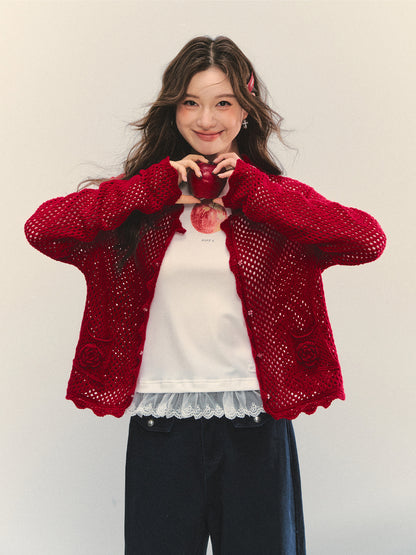 Hollow-out 3D Flower Crochet Lapel Cardigan