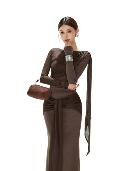 Brown Ruched Knit Blouse &amp; Skirt Set