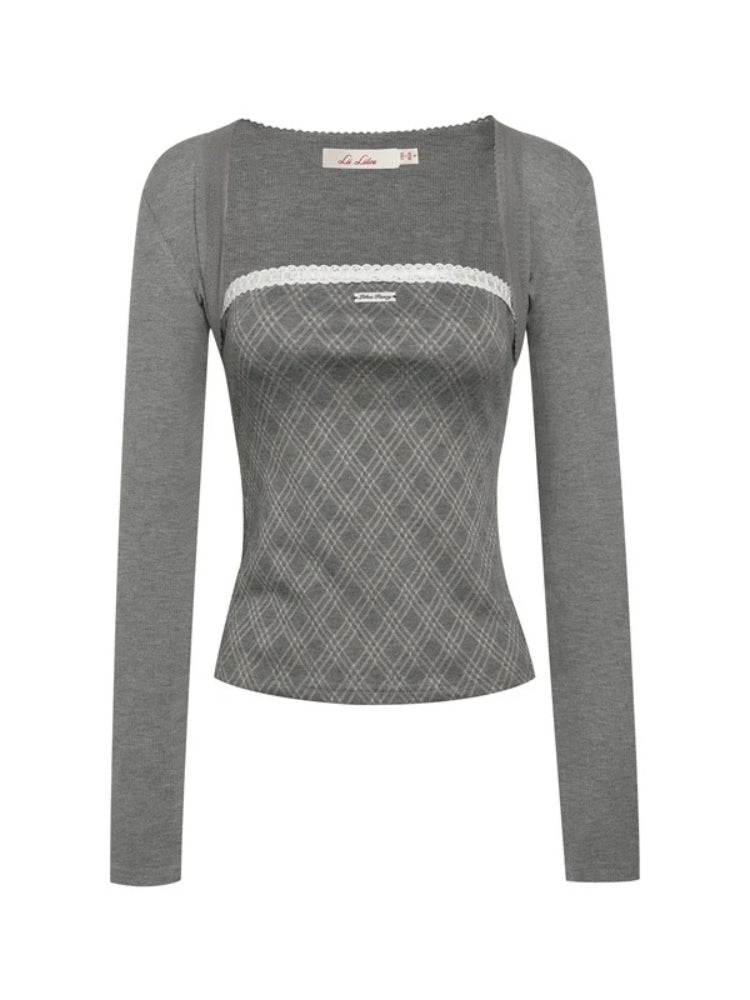 Contrast Lace-Trim Plaid Top Set