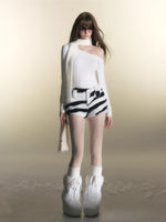 White Rhinestone Knit Off-Shoulder Slim-Fit T-Shirt