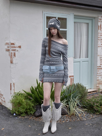 Fair Isle Off-Shoulder Jacquard Knit Dress