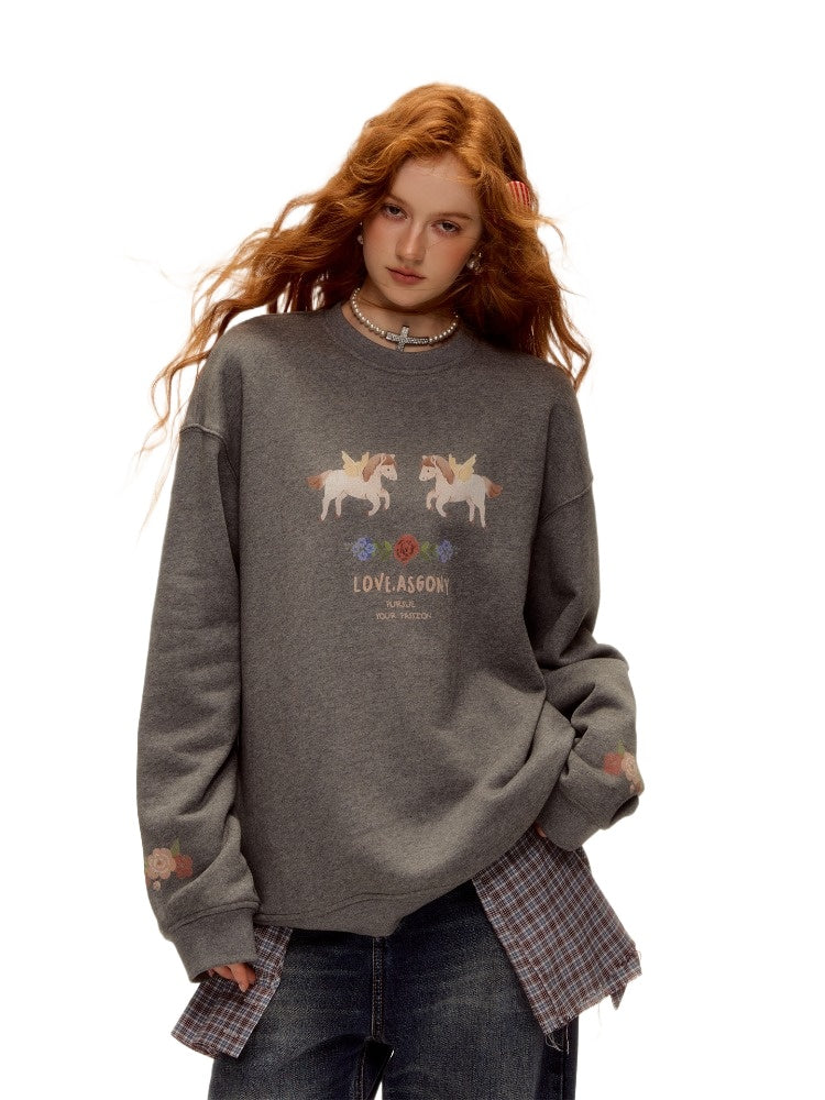 Floral Pony Print Fleece-Lined Pullover Sweatshirt