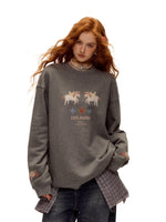 Floral Pony Print Fleece-Lined Pullover Sweatshirt