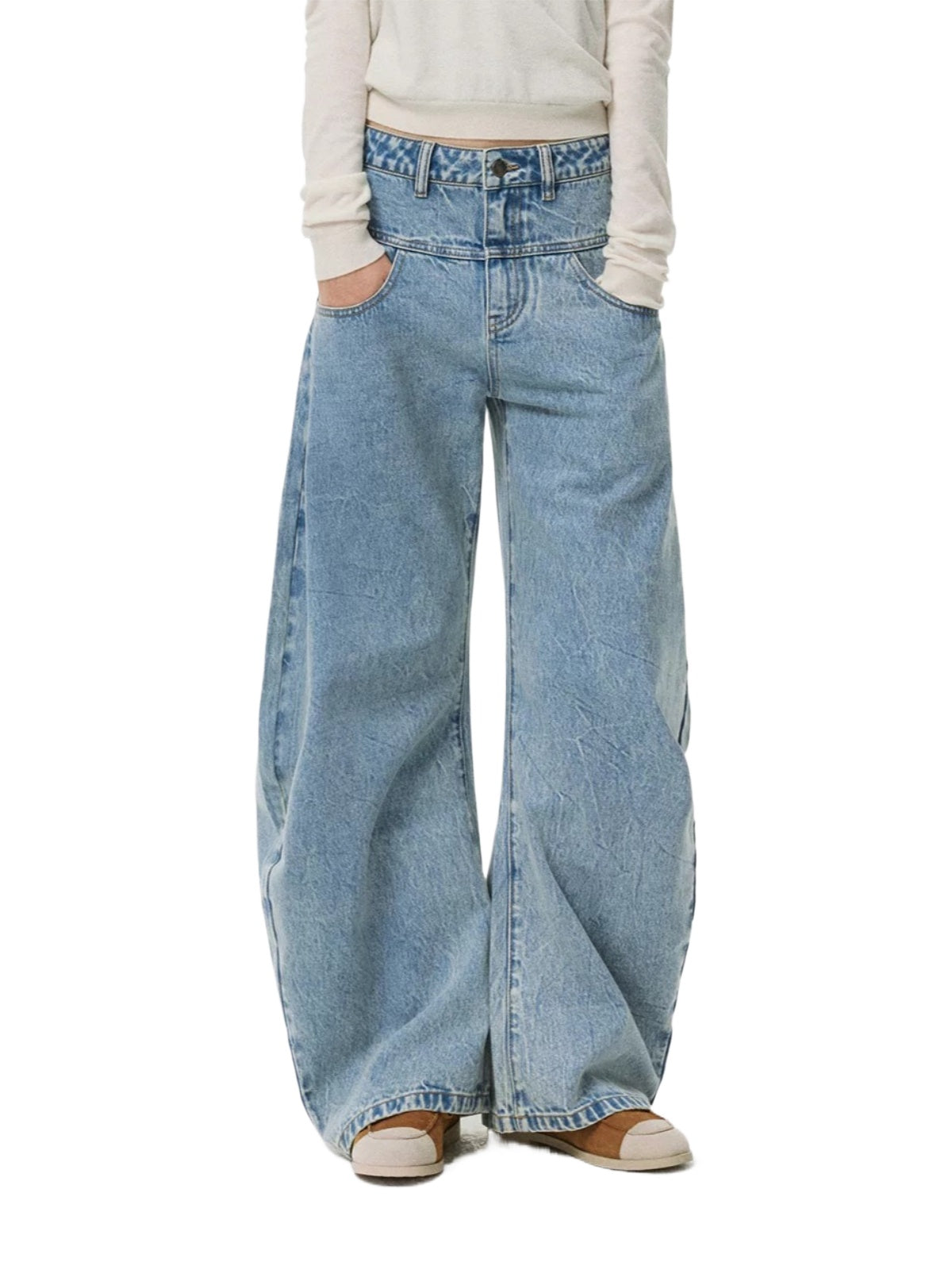 Double Waistband Washed Barrel Jeans
