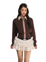 Brown Faux Layered Waist-Fitted Cropped Top