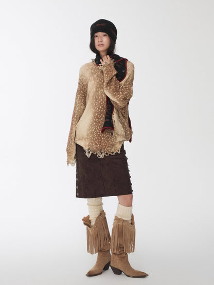 Vintage Deer Print Distressed Knit Sweater