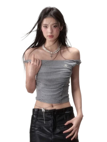 Waistline Ruched Off‑shoulder Knit Top