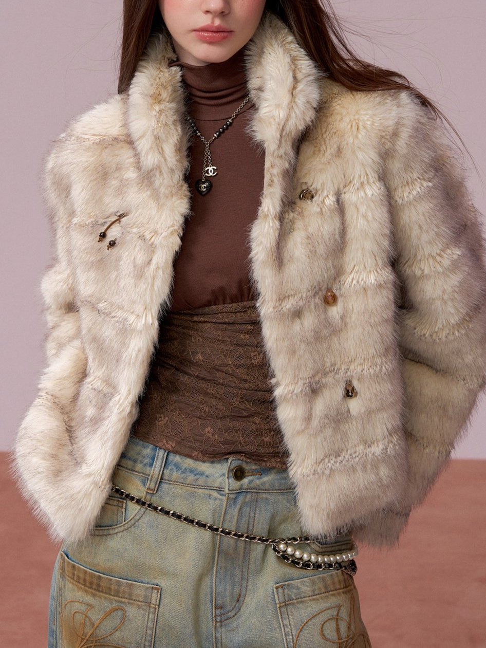 Apricot Double-Breasted Fur Jacket