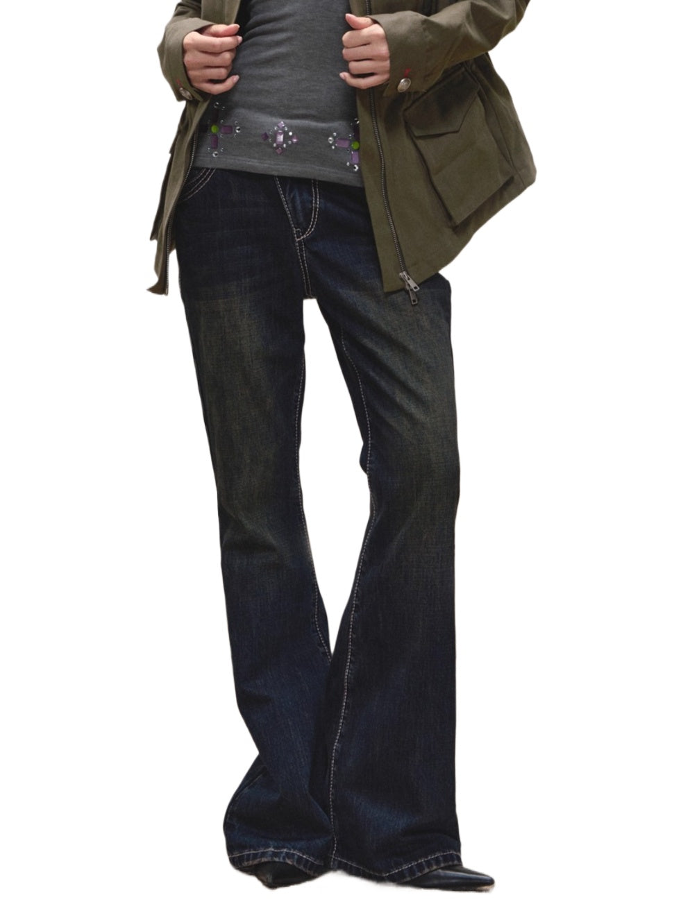 Mud-Blue Contrast-Stitch Flare Jeans