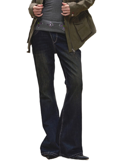 Mud-Blue Contrast-Stitch Flare Jeans