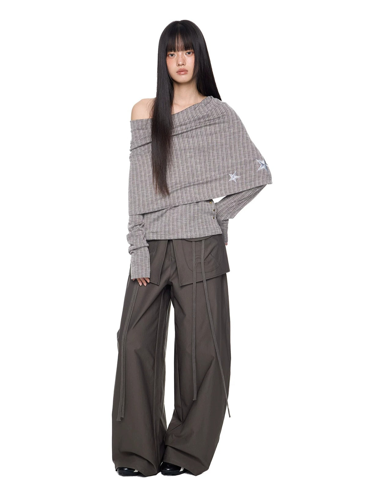 Asymmetric Striped Knit Shoulder Top