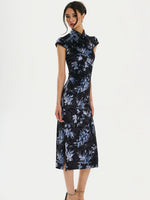 Black Floral Velvet Split Qipao Dress