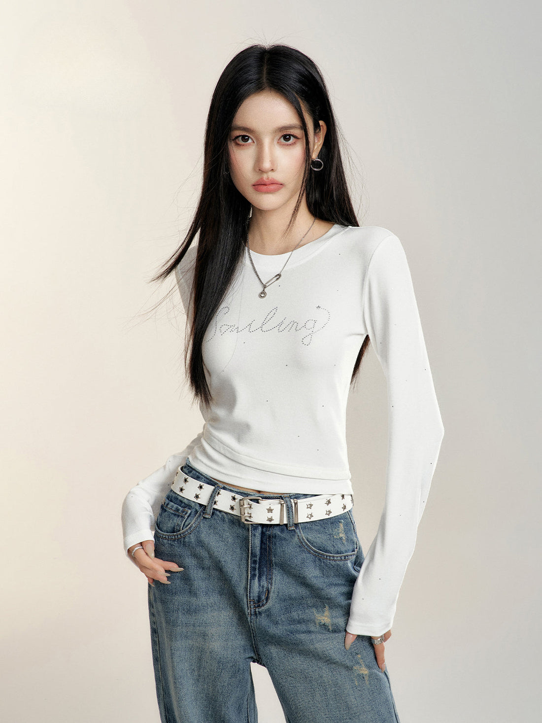 Black &amp; White Round Neck Fitted Long-sleeve T-shirt
