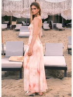 Net Fabric Halter Neck Backless High Slit Floral Print Dress