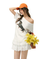 Off-Shoulder Pearl Embroidered Asymmetrical T-shirt