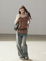 Brown Ruffle Chiffon Top