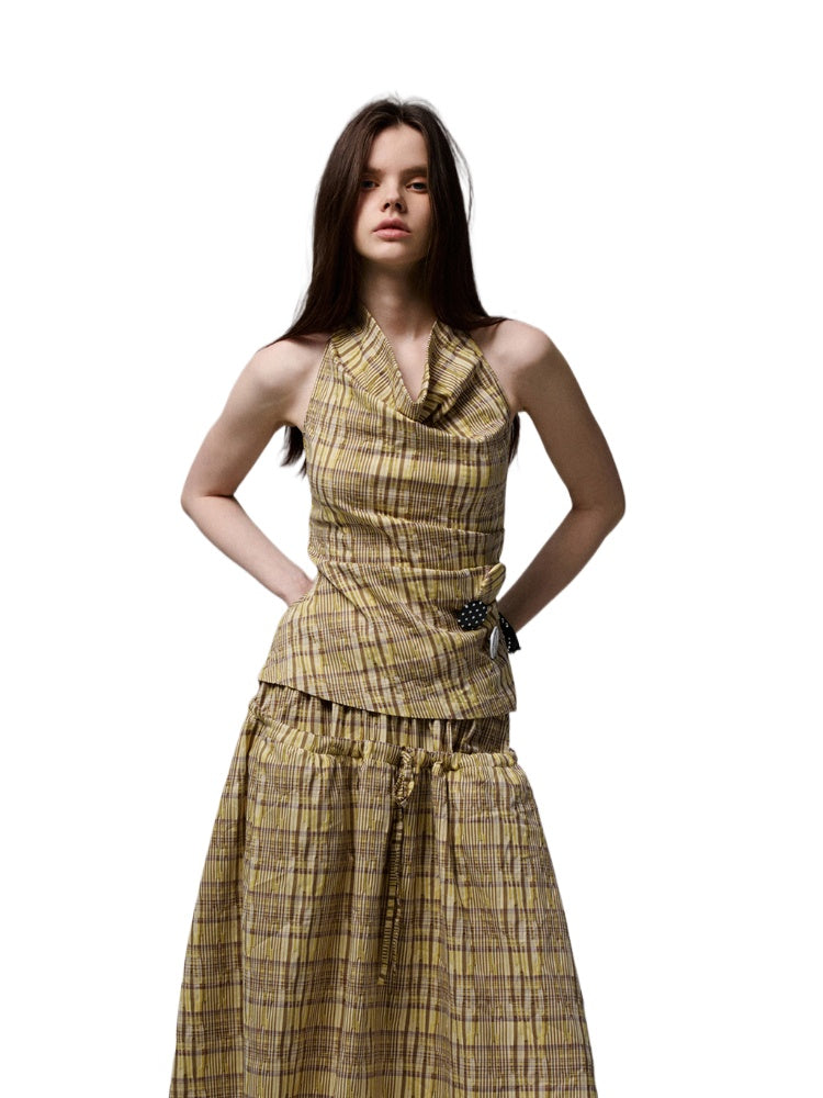 Plaid Halter Neck Backless Tank Top &amp; Midi Skirt Set