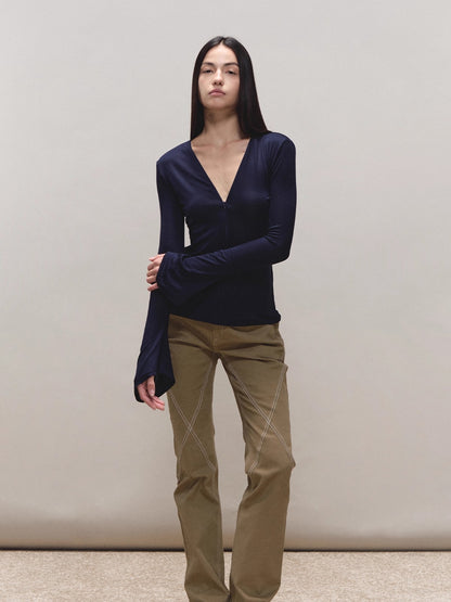 Lyocell Adjustable-Zip Flared-Sleeve Top