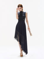 Navy Asymmetric Mock Neck Dress