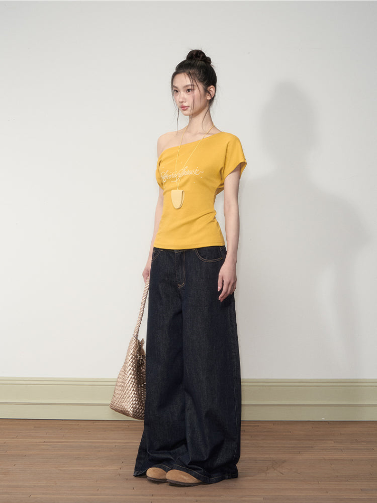 Pearl Waist - Cinching Off-Shoulder T-shirt
