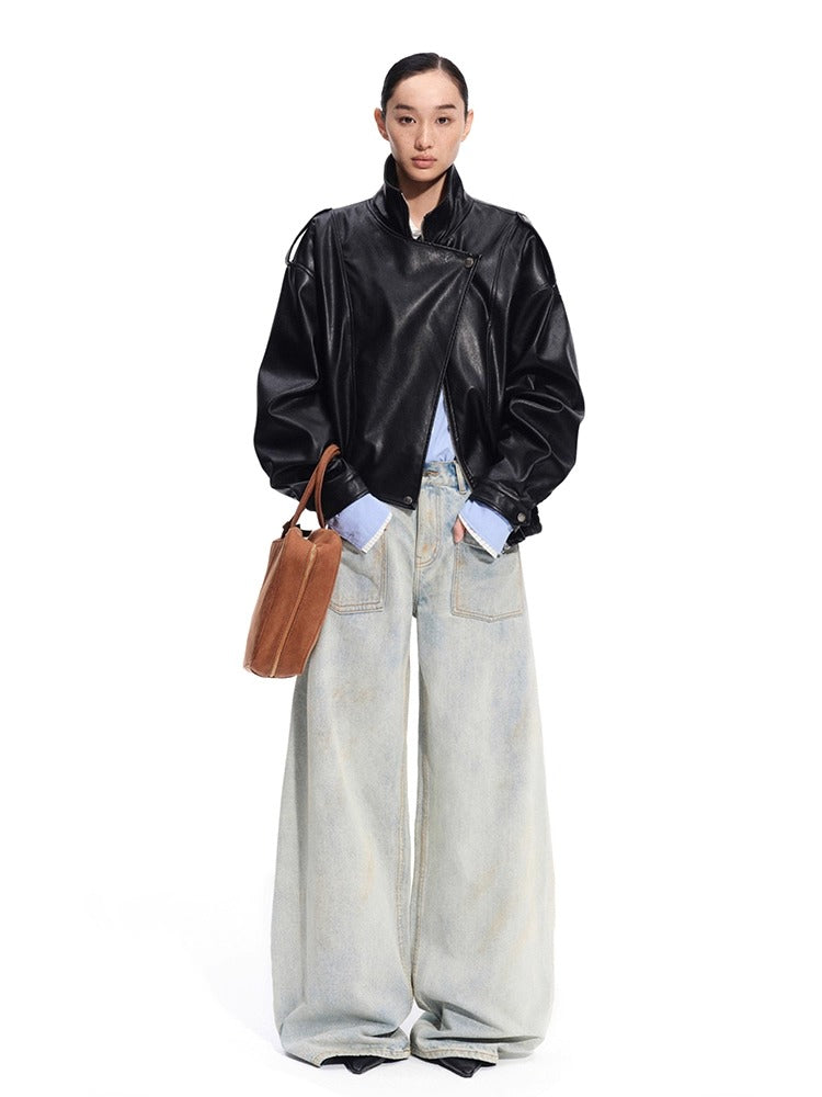 "Rose Series" Oversized Collar Faux Leather Jacket