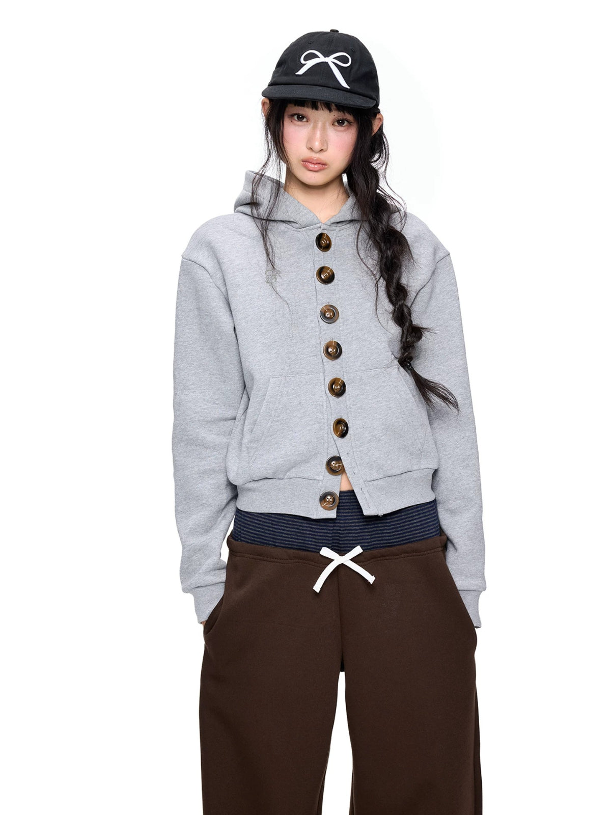 Button Embroidered Cropped Hoodie