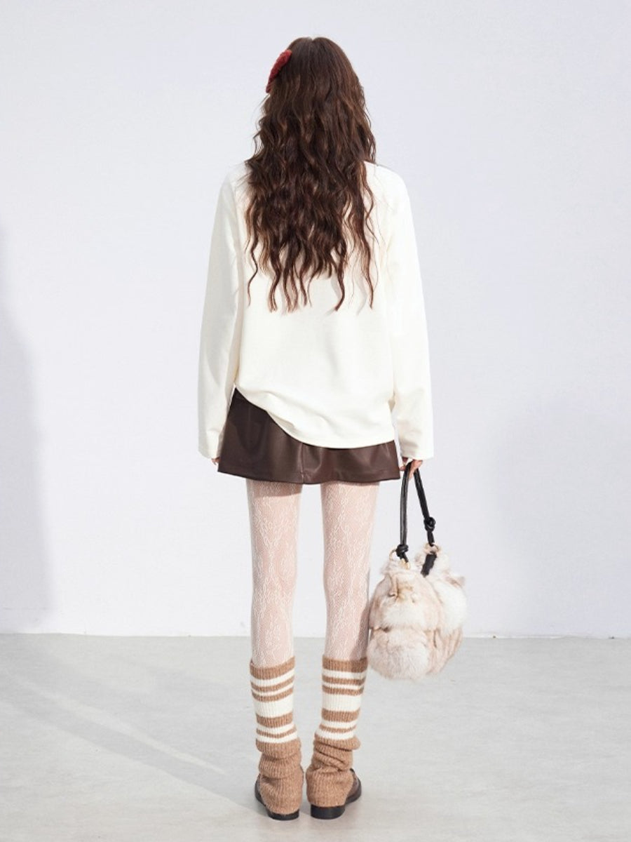 Pearl-Tie Printed Loose Long-Sleeve T-Shirt