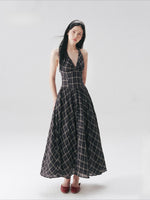 Vintage Plaid Halter Backless Midi Dress