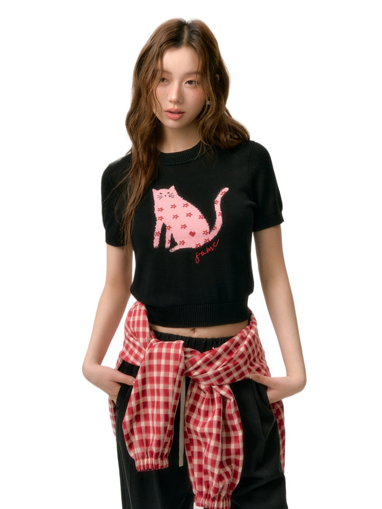 Cat Print Short Sleeve Knit Top