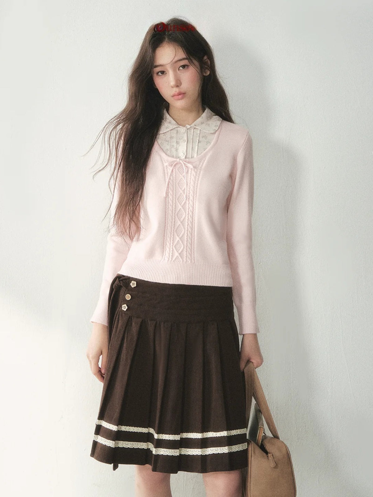 Floral Collar Bow Cable Knit Sweater