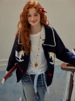 Contrast-Trim Horse Jacquard Knit Zip Cardigan