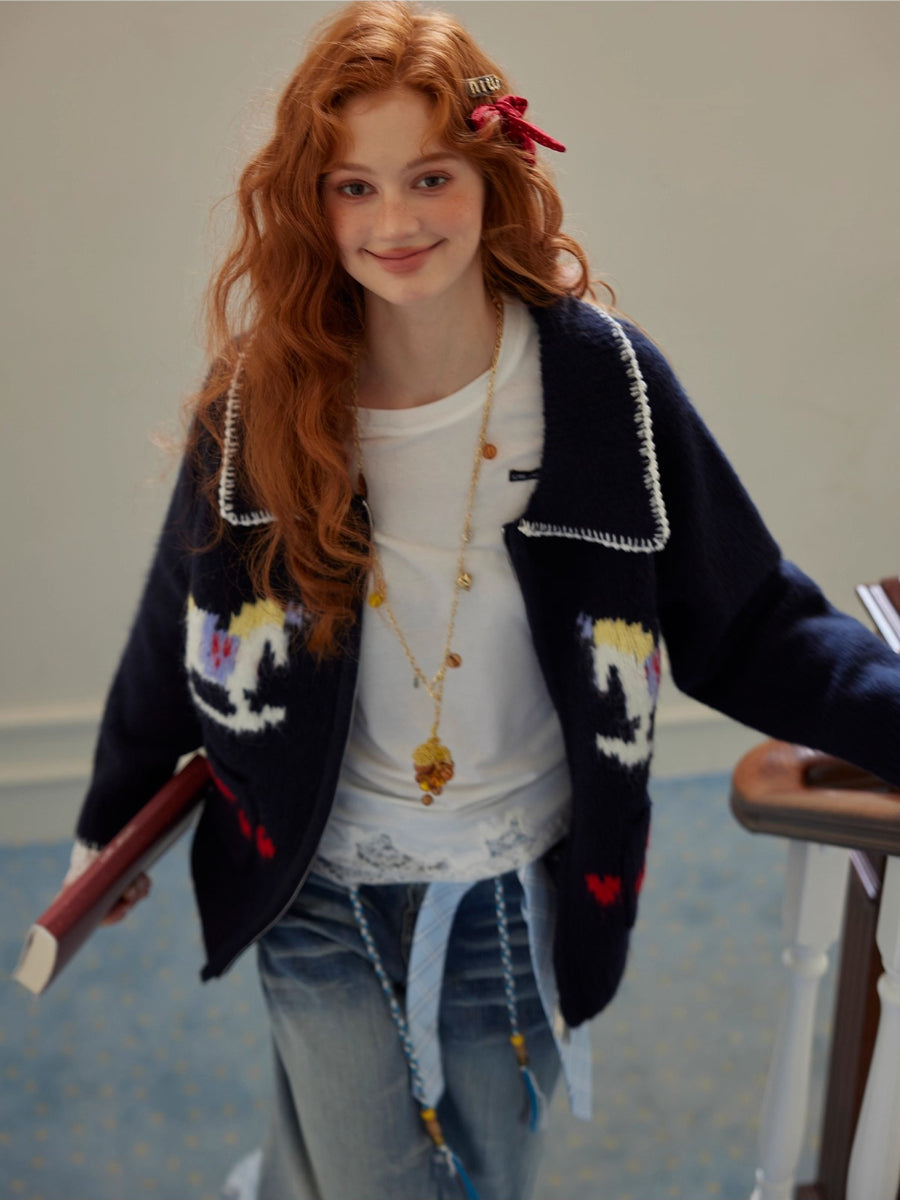 Contrast-Trim Horse Jacquard Knit Zip Cardigan