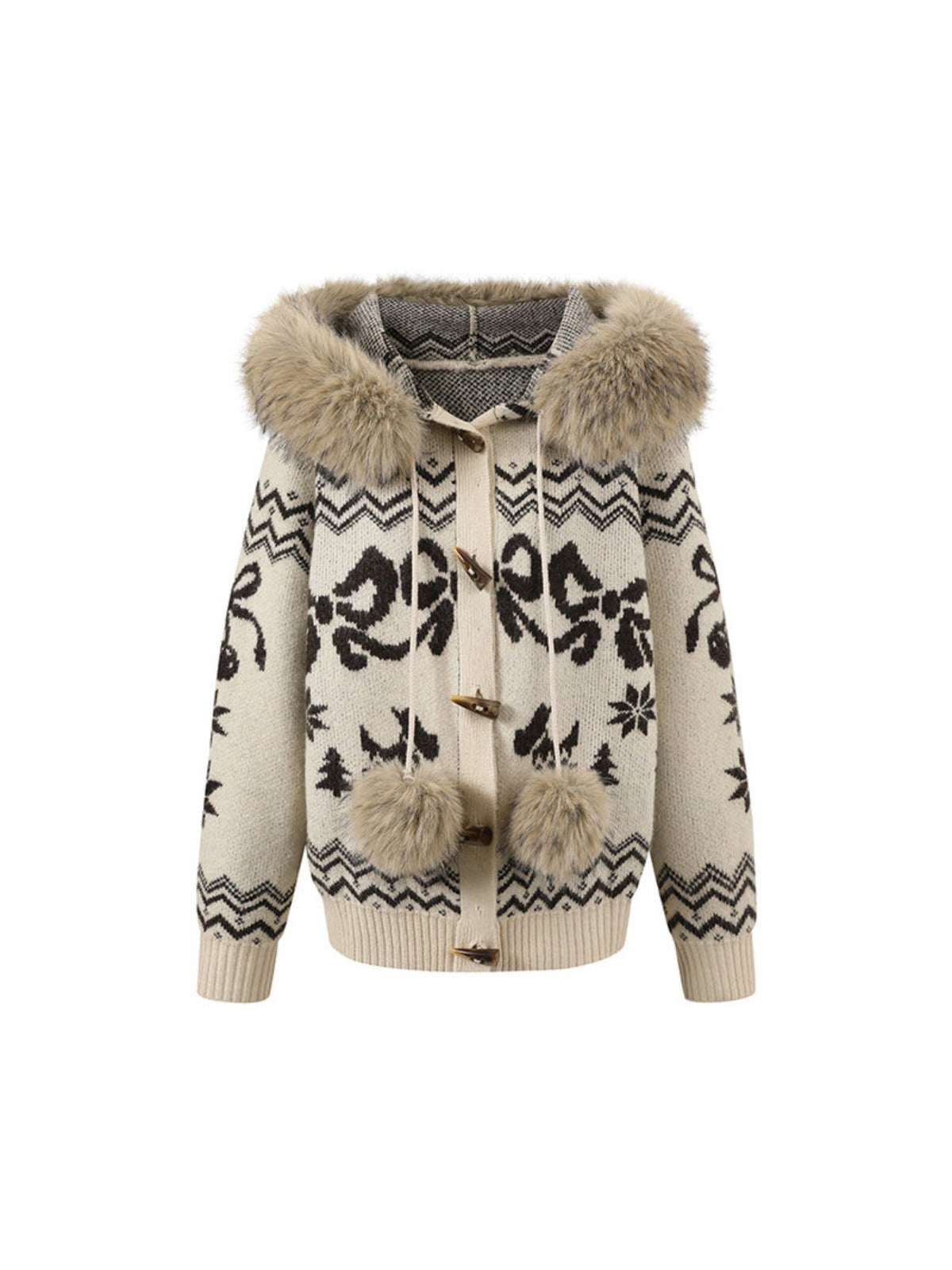 Fair Isle Fur Collar Toggle Knit Coat