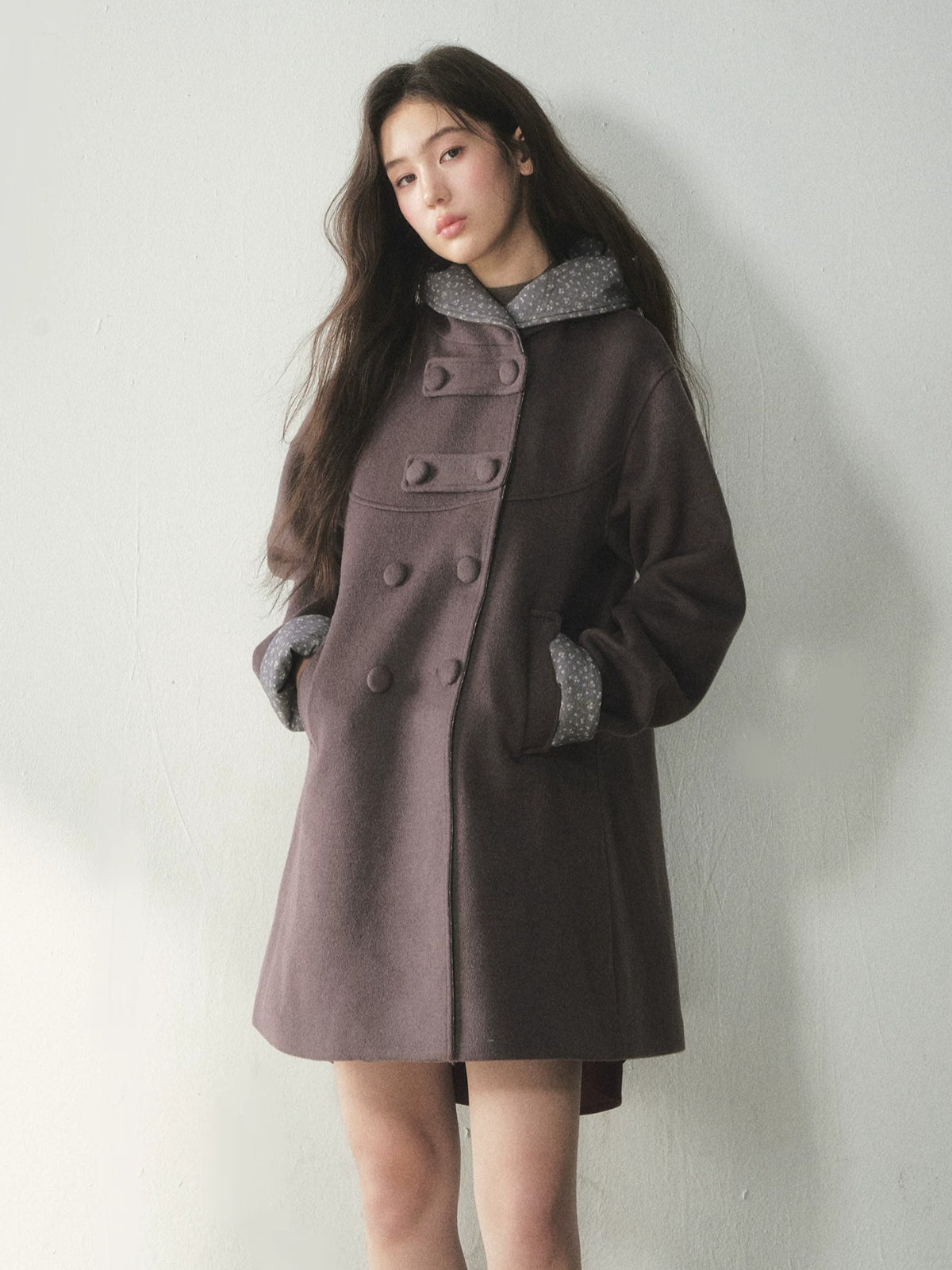 Double-Breasted Floral Hooded Wool Coat